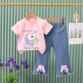 Direct from the factory! girls' summer two-piece set: pink cartoon tee + bowknot denim shorts. ready to ship!