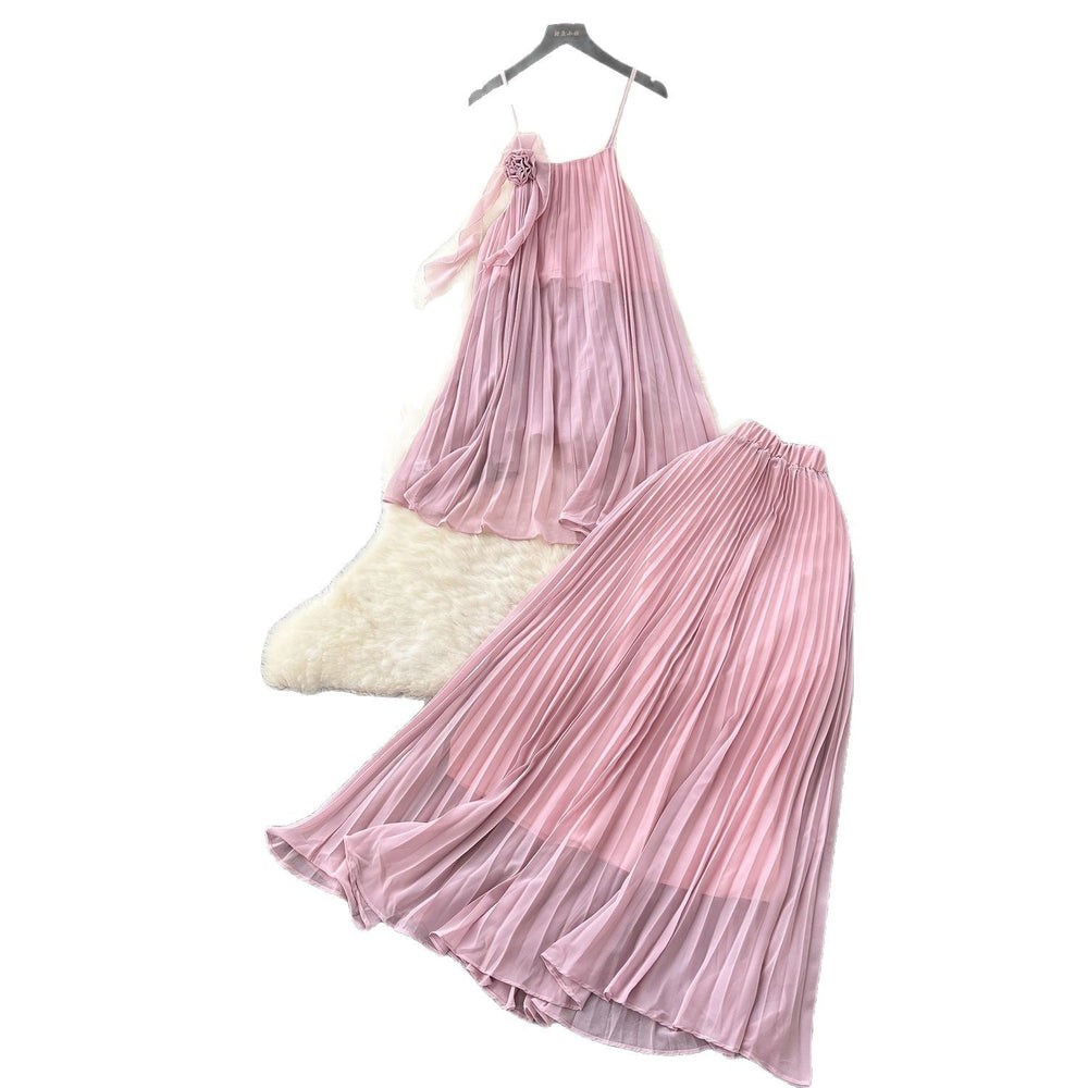 Vacation outfit: women's summer ins style - soft & elegant 3d floral cami top with pleated chiffon skirt & high-waisted, flowy midi skirt