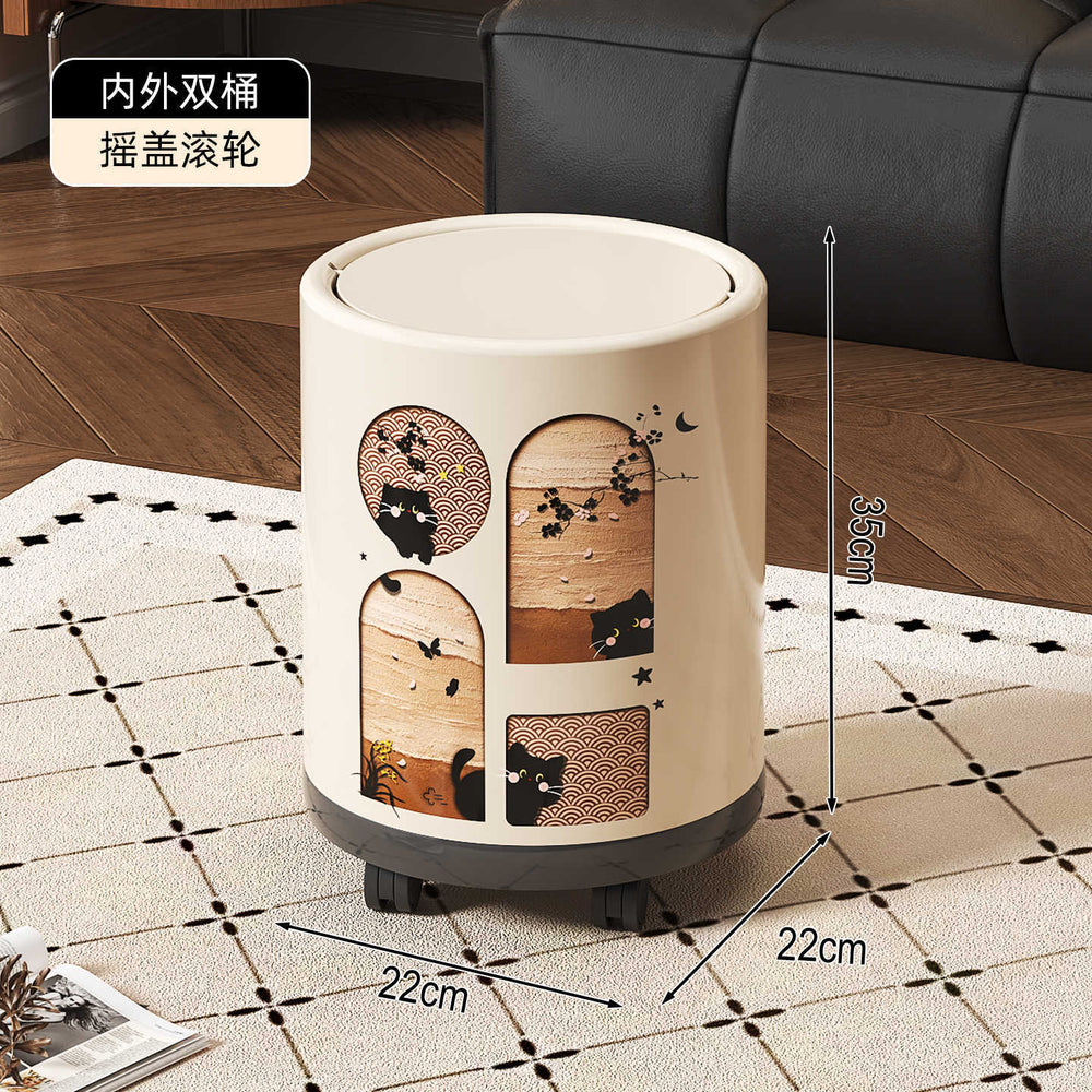 Retroins style little black cat printing trash can with pulleys for home high-looking living room kitchen large garbage basket