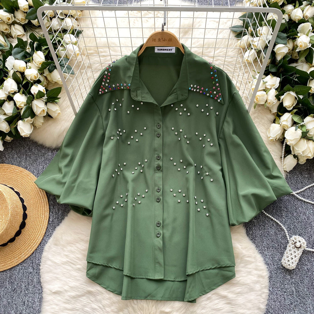 Imperial style, heavily embellished, rhinestone-adorned lantern sleeve single-breasted blouse - women's  summer loose fit, versatile, casual, european and american top