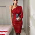 2025 summer new arrivals: european and american style one-shoulder dress - asymmetrical neck wrap chest evening gown - fashionable sequin sexy mini dress