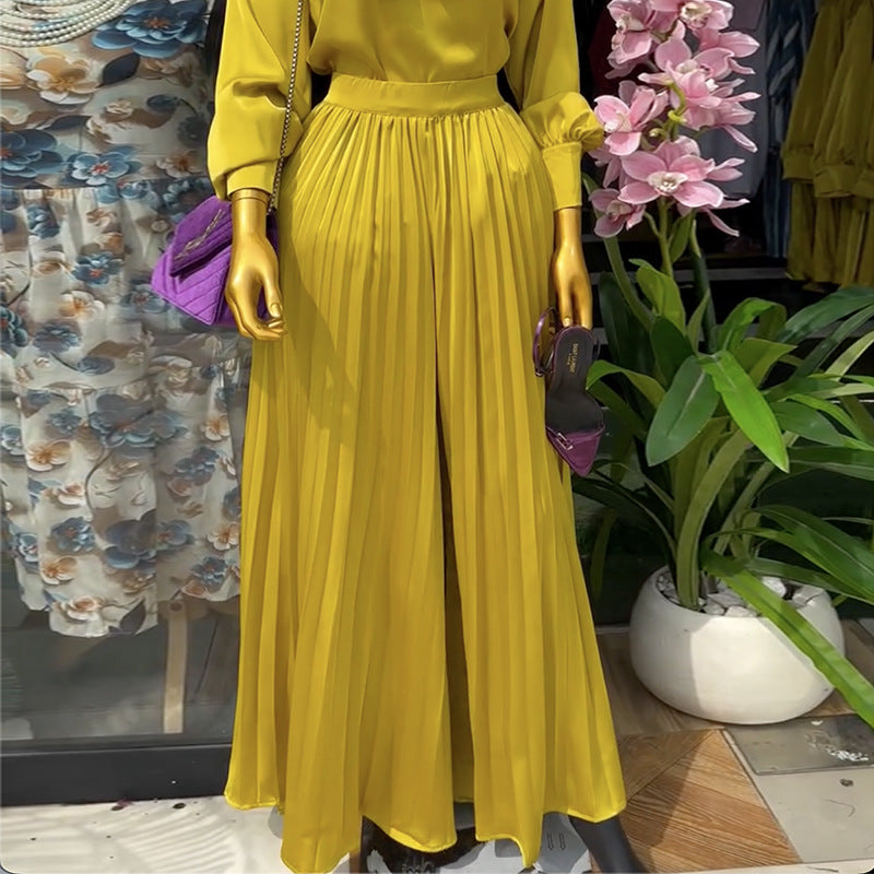 European and american cross-border women's fashion:  spring new collection - stylish tie-waist long sleeve blouse and high-waisted pleated wide-leg pants set