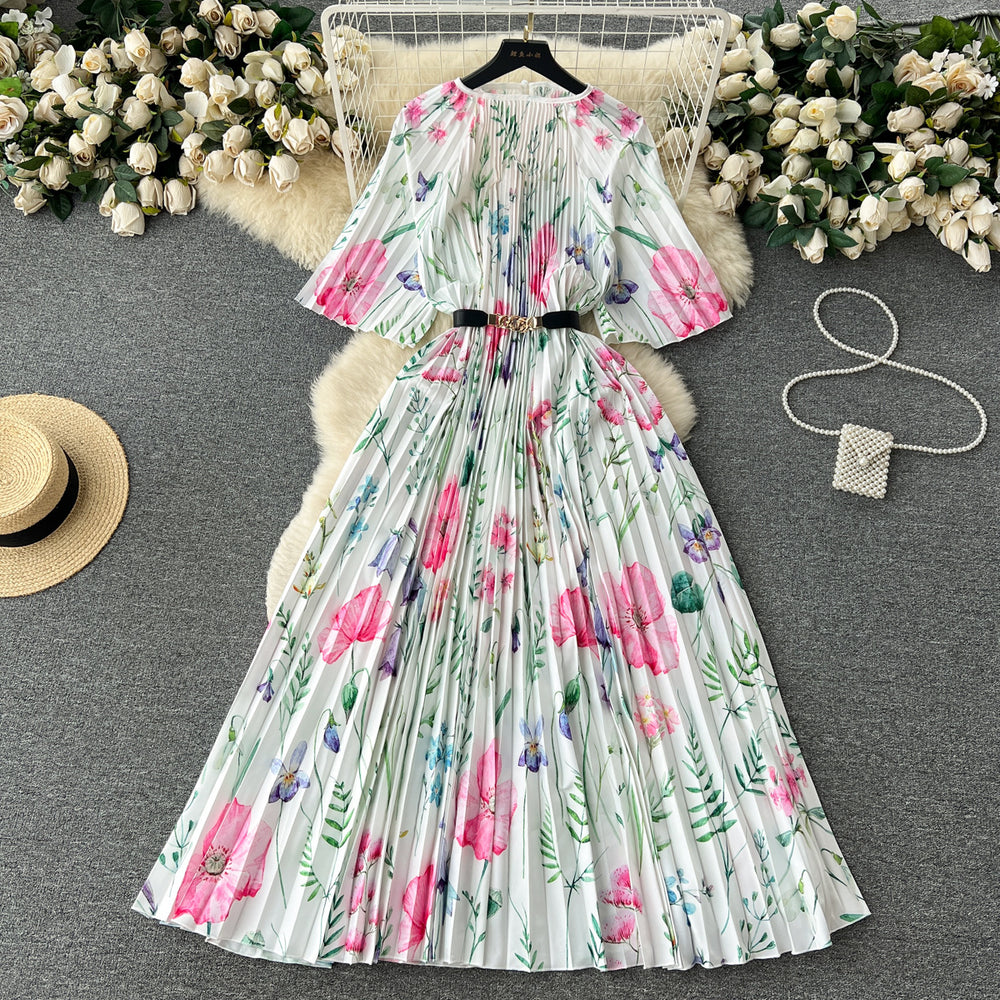 European and american retro court style design printed long dress with heavy pleating, puff sleeves, and pleated skirt - spring collection for women