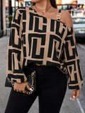 plus size retro print shirt - asymmetrical off-the-shoulder metal buckle cami with maze pattern oversized top