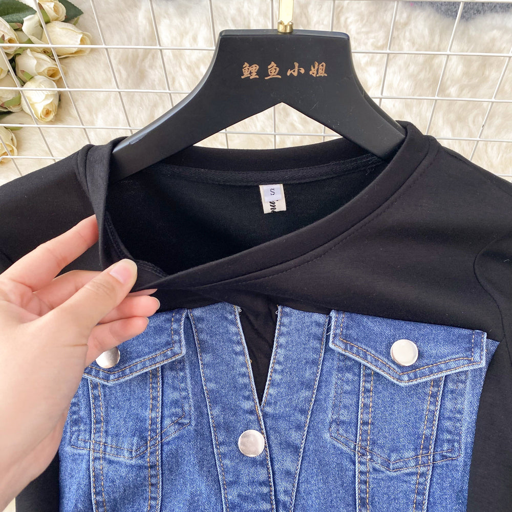 new trendy round neck short sleeve patchwork denim dress - women's high-end slim fit faux two-piece maxi dress
