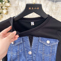new trendy round neck short sleeve patchwork denim dress - women's high-end slim fit faux two-piece maxi dress