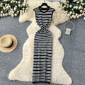 Korean style striped v-neck sleeveless knit dress - women's  summer new arrival - slim fit, waist-defining, slimming, commute-ready maxi dress