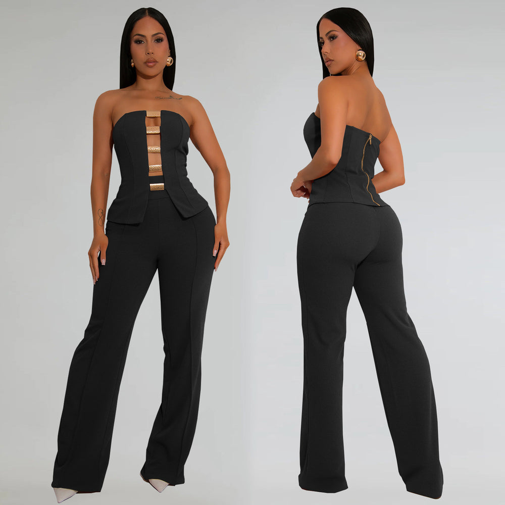 C7367 cross-border   fashion women's sexy bandeau gold buckle wrap-around arm pants two-piece set
