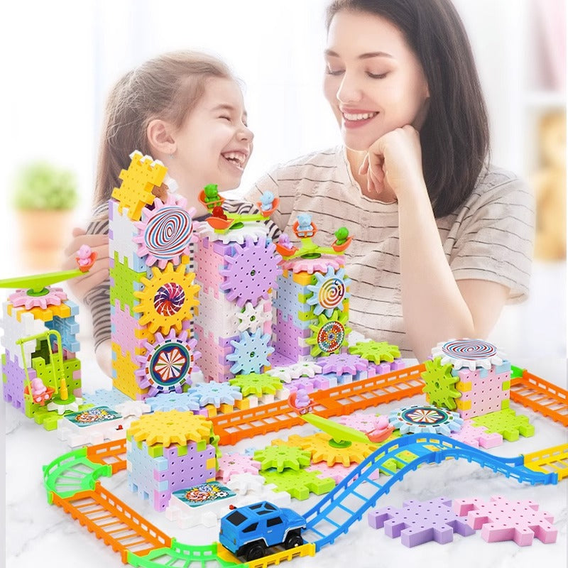 Transforming building blocks: mechanical gear interlocking children's electric track diy educational stem assembly toy - cross-border