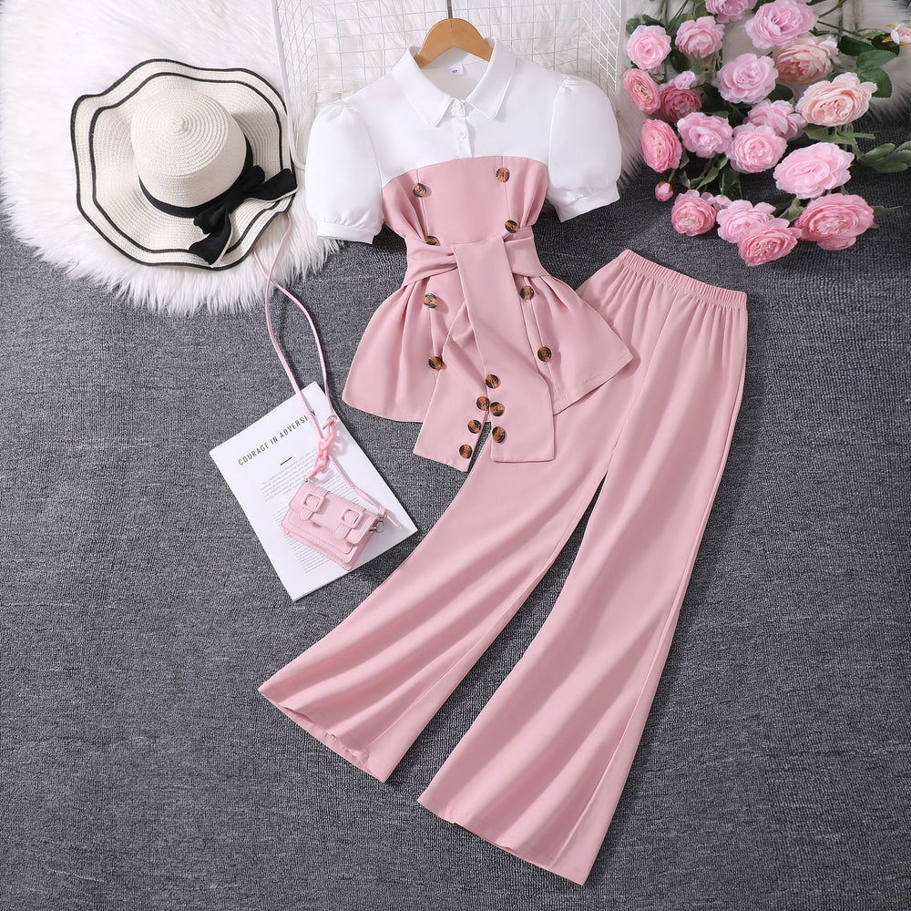 Girls' outfit set: white and brown color block collared top + wide leg flare pants fashion set