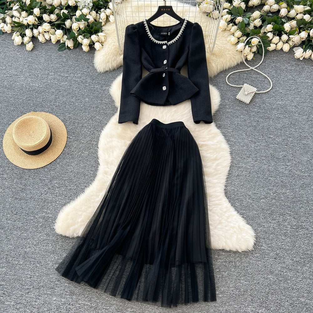Xiaoxiangfeng wears frenchclassy sense of beads round neck waist suit outwearhigh waist mesh pleated skirt