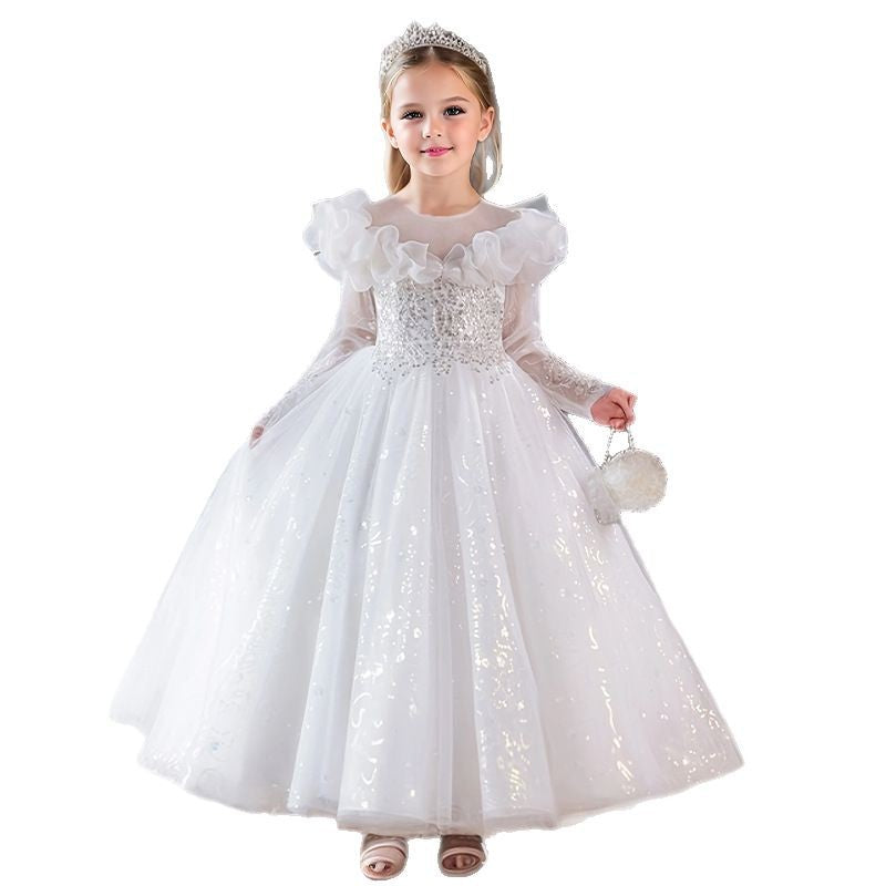 Amazon cross-border girls' evening dress, european and american style white flower girl wedding dress, high-end mesh birthday princess dress, banquet dress