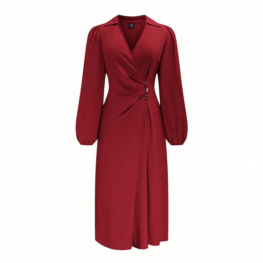 european and american plus size wine red lapel dress - v-neck wrap with twist detail, button closure, and lantern sleeves