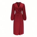 european and american plus size wine red lapel dress - v-neck wrap with twist detail, button closure, and lantern sleeves