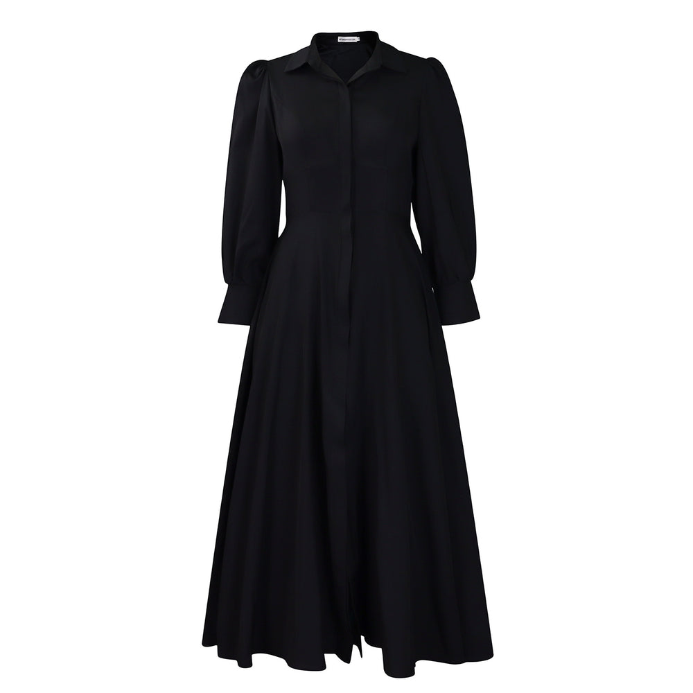 D570 cross-border women's elegant long-sleeve a-line shirt dress - stylish solid color mid-length african dress
