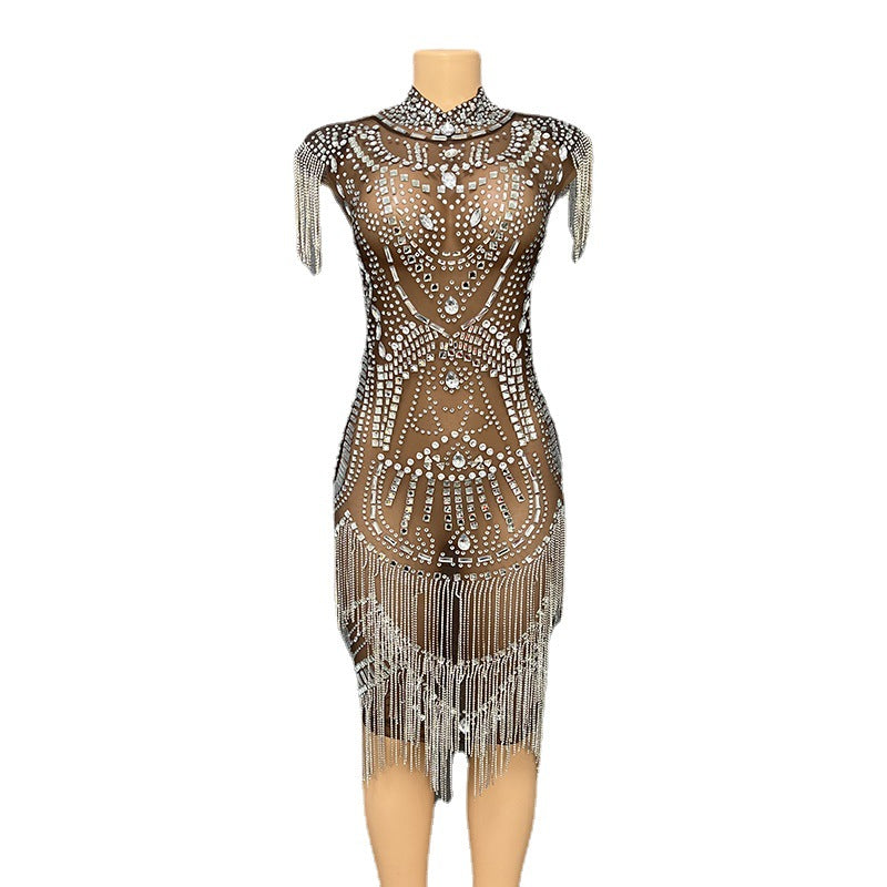 supply elastic mesh hot diamond rhinestone tassel sexy silmcustom performance costume evening dress