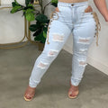 European and american export jeans -  women's fashion hot girl sexy side eyelet tie-up distressed stretch jeans