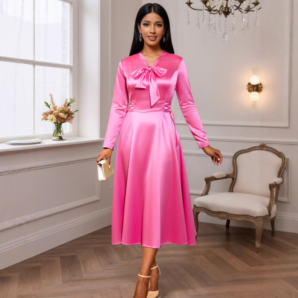 autumn satin stand collar long sleeve dress - elegant bow tie waist evening gown