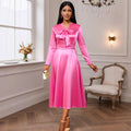 autumn satin stand collar long sleeve dress - elegant bow tie waist evening gown