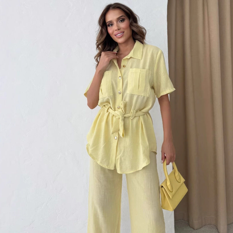 Cross-border European and American women's clothing lapel slim strap cardigan shirt high waist wide leg trousers  solid color two-piece set women