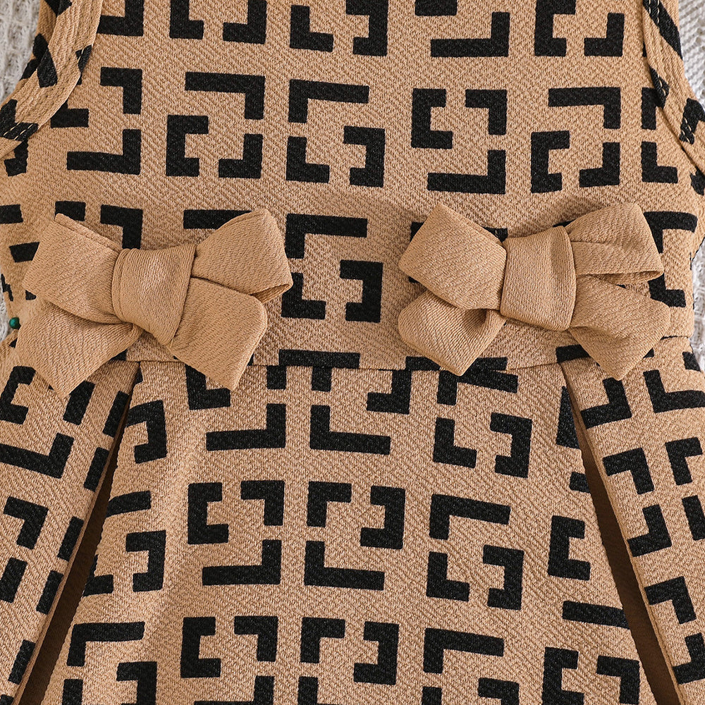 european and american girls' fashion geometric pattern sleeveless dress with bow detail - direct from the manufacturer