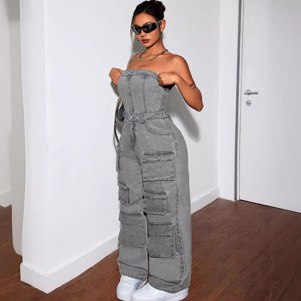 European and american style denim jumpsuit -  cross-border women's fashion hot girl bandeau multi-pocket cargo pants