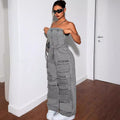 European and american style denim jumpsuit -  cross-border women's fashion hot girl bandeau multi-pocket cargo pants