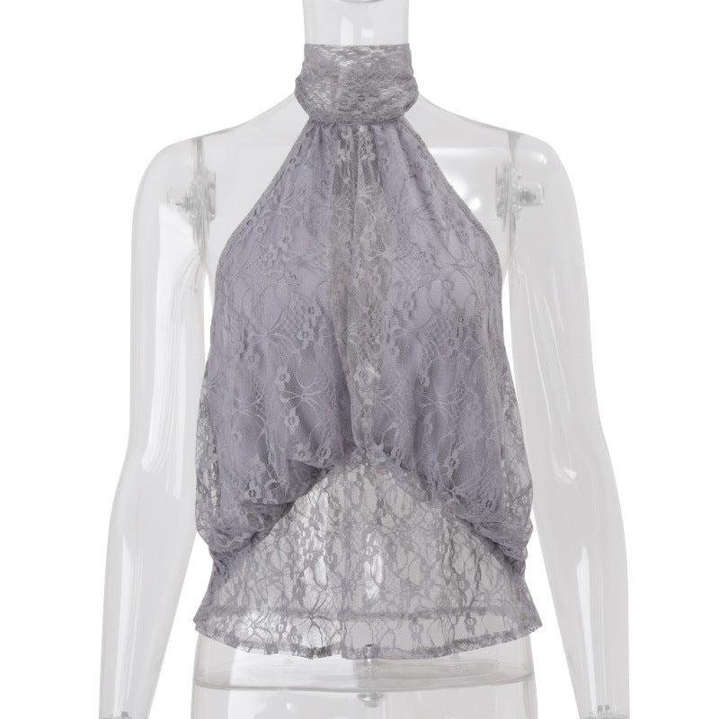 European and american style women's spring  new fashion: unique high-neck lace see-through sleeveless backless irregular top