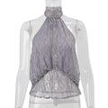 European and american style women's spring  new fashion: unique high-neck lace see-through sleeveless backless irregular top