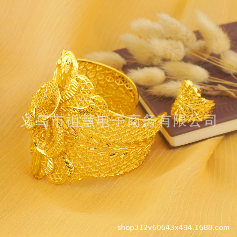 Middle eastern luxury bangle and ring set for women, gold sleeve bracelet with dubai floral jewelry set, wedding party gift