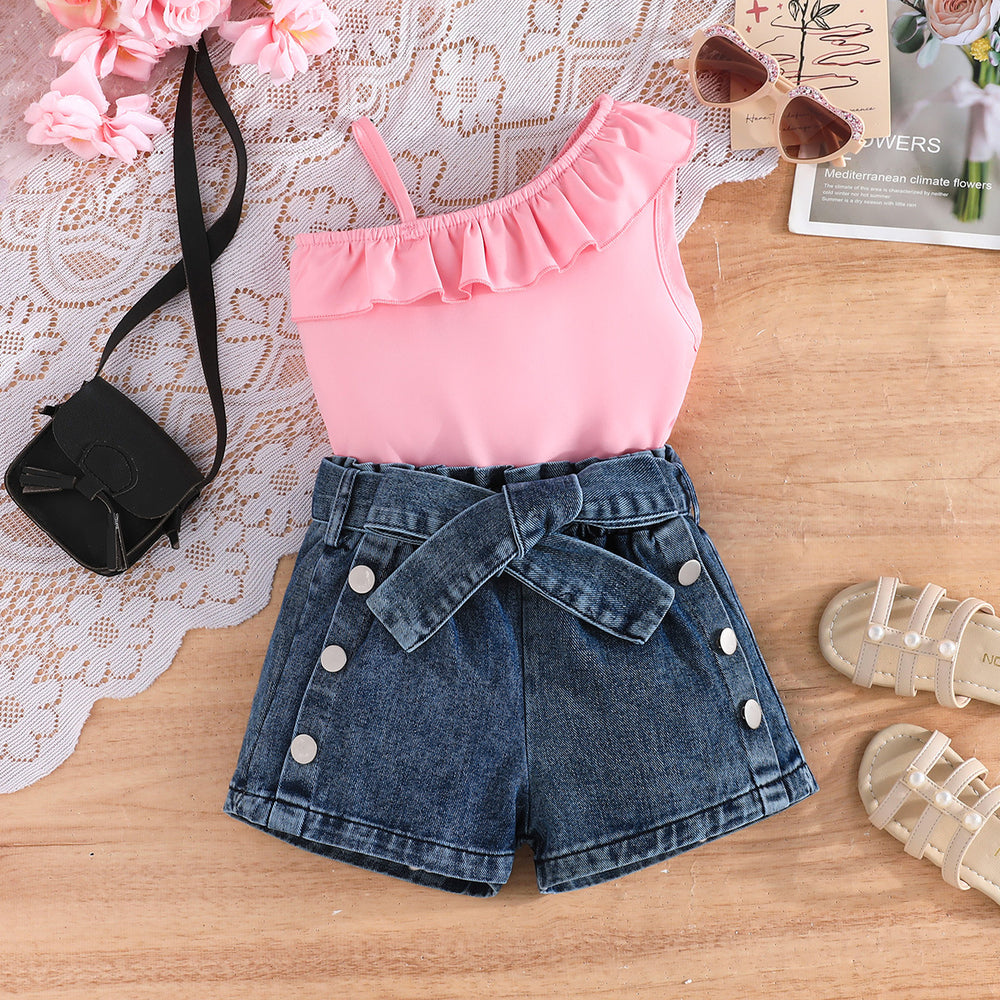 new cross-border fashion: european and american summer girls' one-shoulder cami top + denim butterfly shorts three-piece set