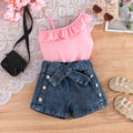 new cross-border fashion: european and american summer girls' one-shoulder cami top + denim butterfly shorts three-piece set