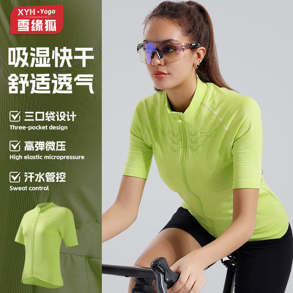 Summer fitness sports yoga riding short-sleeved women's zipper stand-up collar breathable quick-drying compression belt pocket tight T-shirt