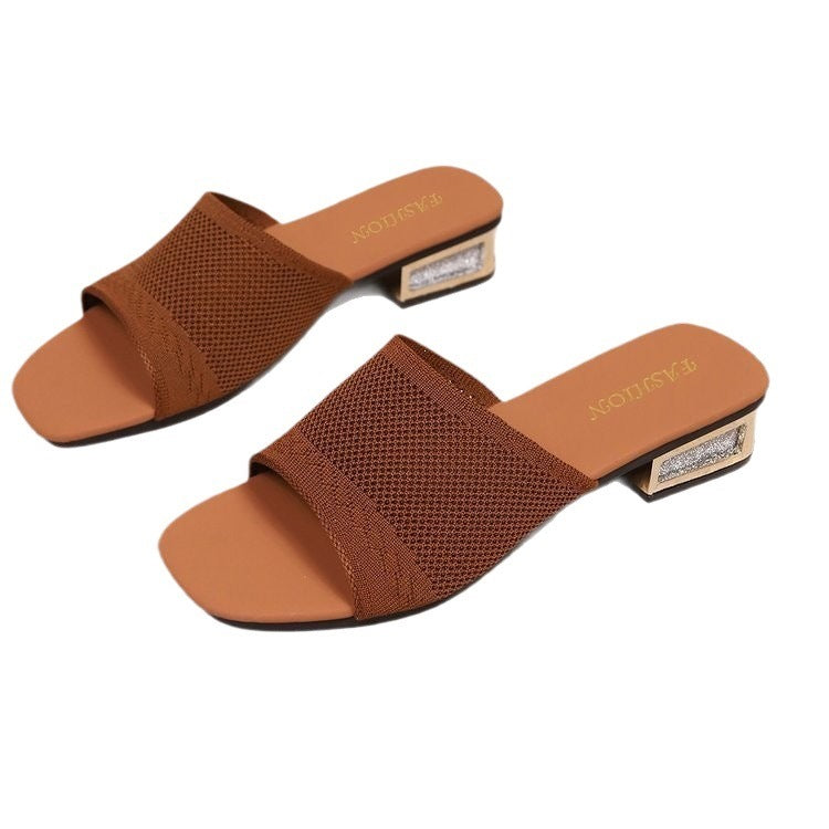 2026 cross-border plus size knitted hollow-out sandals & slippers - women's new summer collection: solid color casual square heel low heel flip-flops