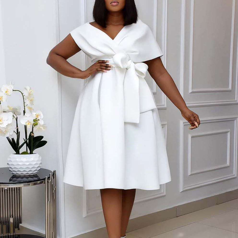 C8483 cross-border women's clothing  new v-neck ruched waist tie-up sexy dress fashion european and american style evening gown