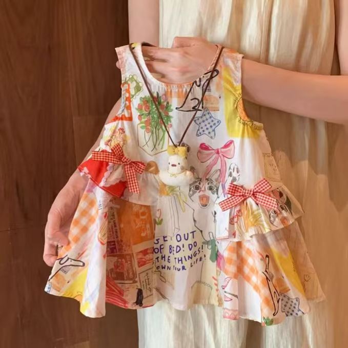Girls' summer vacation dress  new style toddler baby girl chic tank dress fashion cartoon princess dress