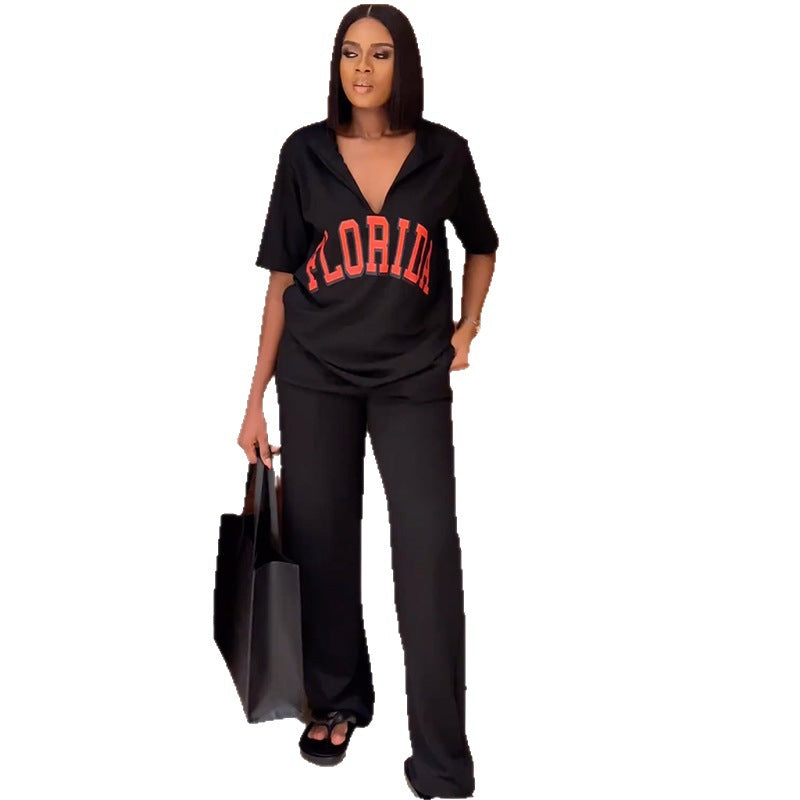 European and american cross-border african women's clothing  spring new fashion casual letter print short sleeve t-shirt top and pants set