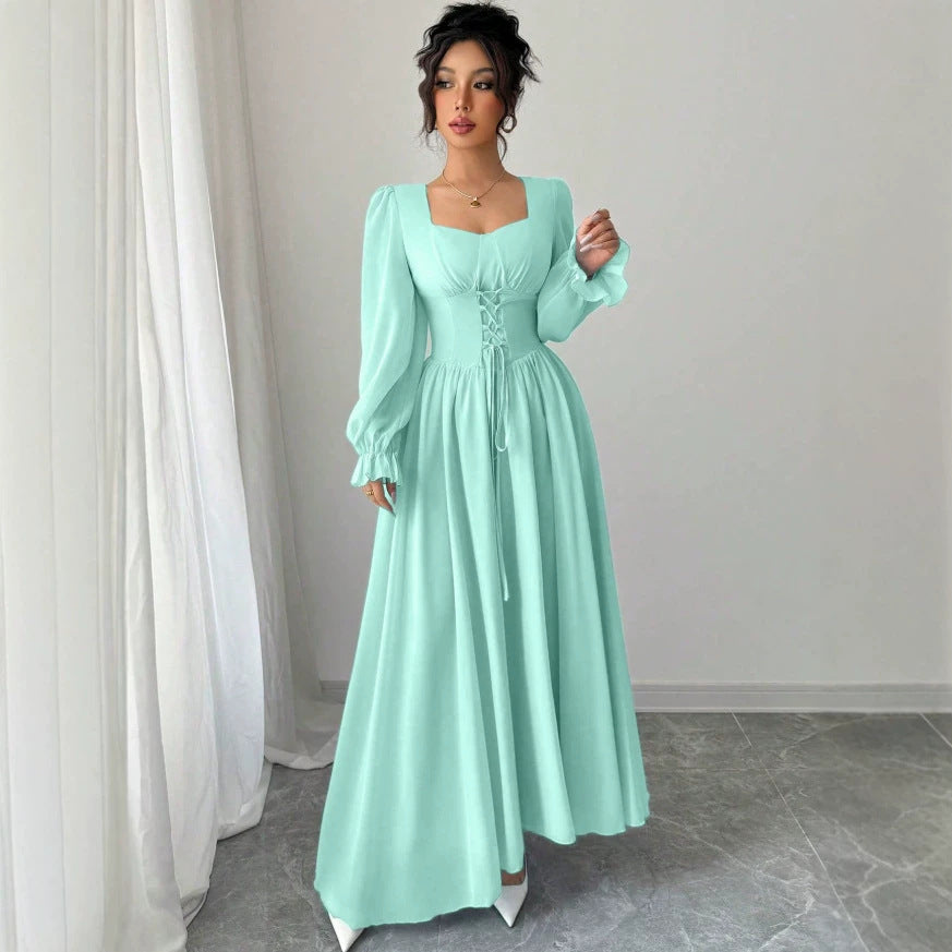 Fashion cross-border  overseas hot style mint green waist simple pure color square collar long sleeves large hem version long skirt