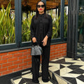 European and american cross-border african women's fashion  autumn new collection solid color casual open-back long sleeve shirt and wide-leg pants set