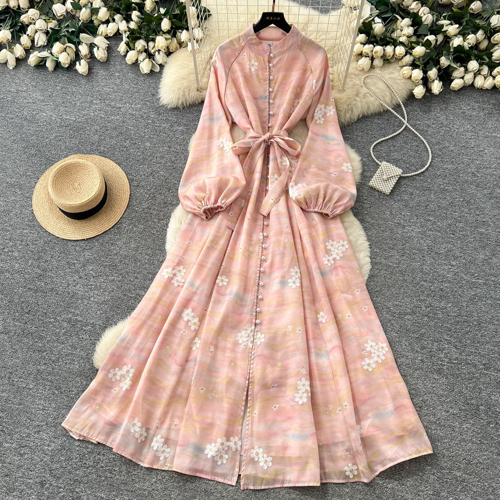 French romantic lantern sleeve printed dress - women's summer slimming a-line maxi dress - elegant workwear