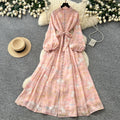 French romantic lantern sleeve printed dress - women's summer slimming a-line maxi dress - elegant workwear