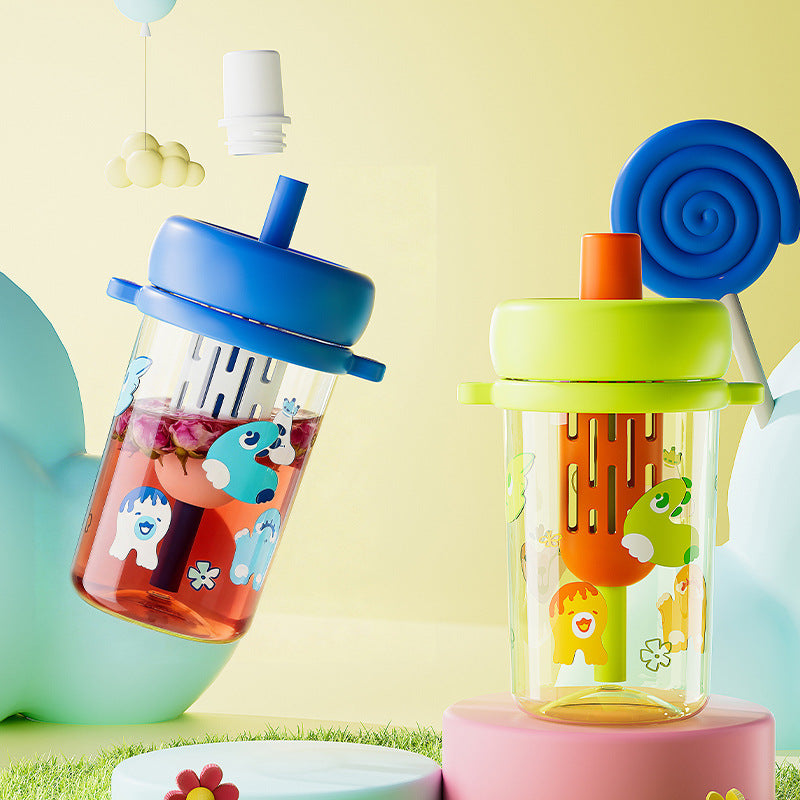 Cute cartoon straw cup - portable, leak-proof, and perfect for students and kids. ideal for indoor and outdoor use. transparent and easy to carry