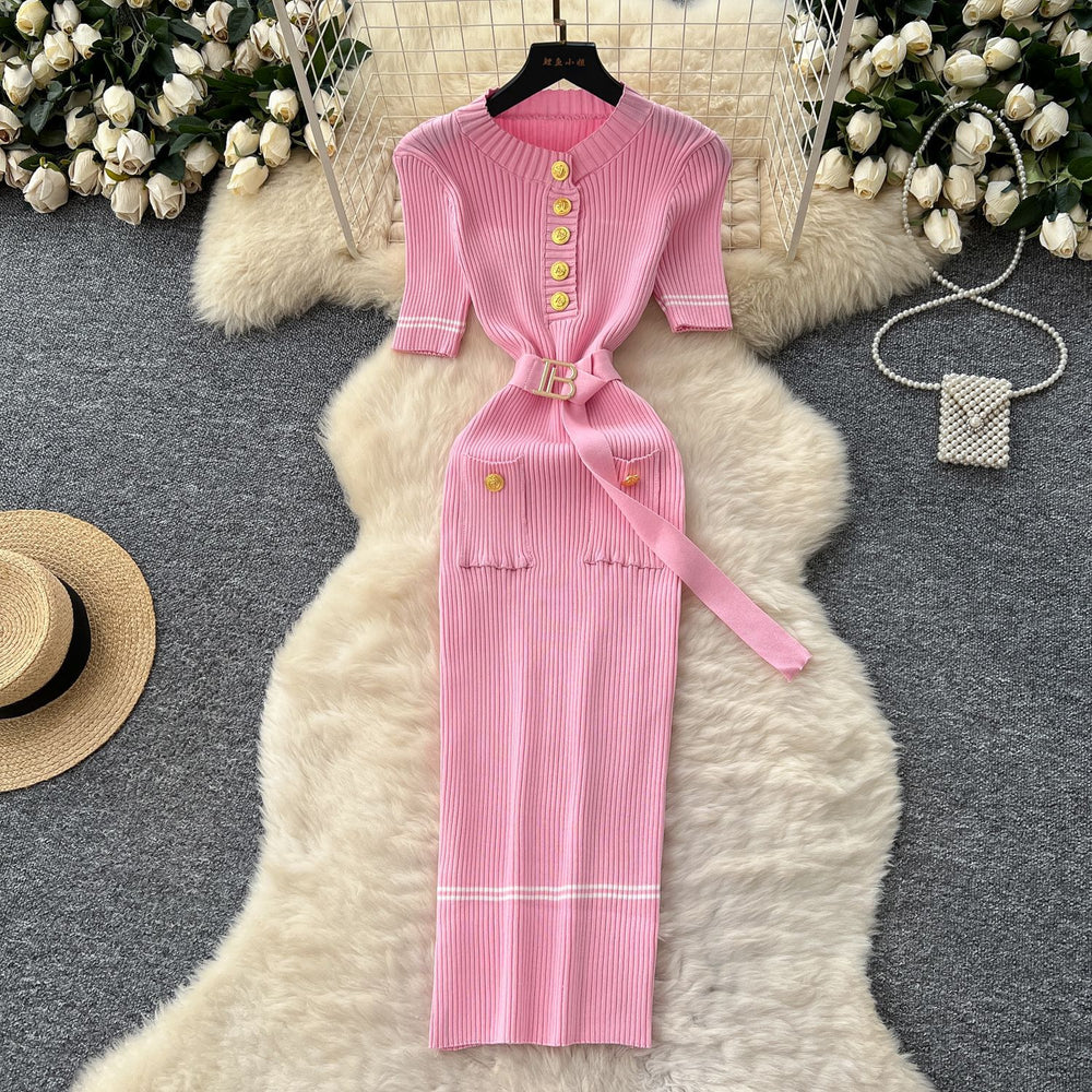 Xiaoxiangfengclassy fashionable metal buckle silm short-sleeved dress women's summer strap waist frenchknitting skirt