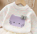 Girls' winter sweater: thickened inner layer with cartoon kitten design, knitted base layer, fleece-lined option, can be paired with a tutu skirt, crew neck