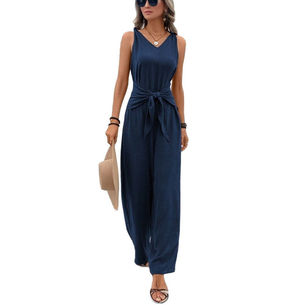 spring/summer european and american cross-border women's fashion new arrival: v-neck wide-leg jumpsuit, sleeveless designer romper for women