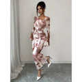 Women's new autumn retro elegant tie-dye print mesh design pleated slim-fit bodycon long sleeve dress