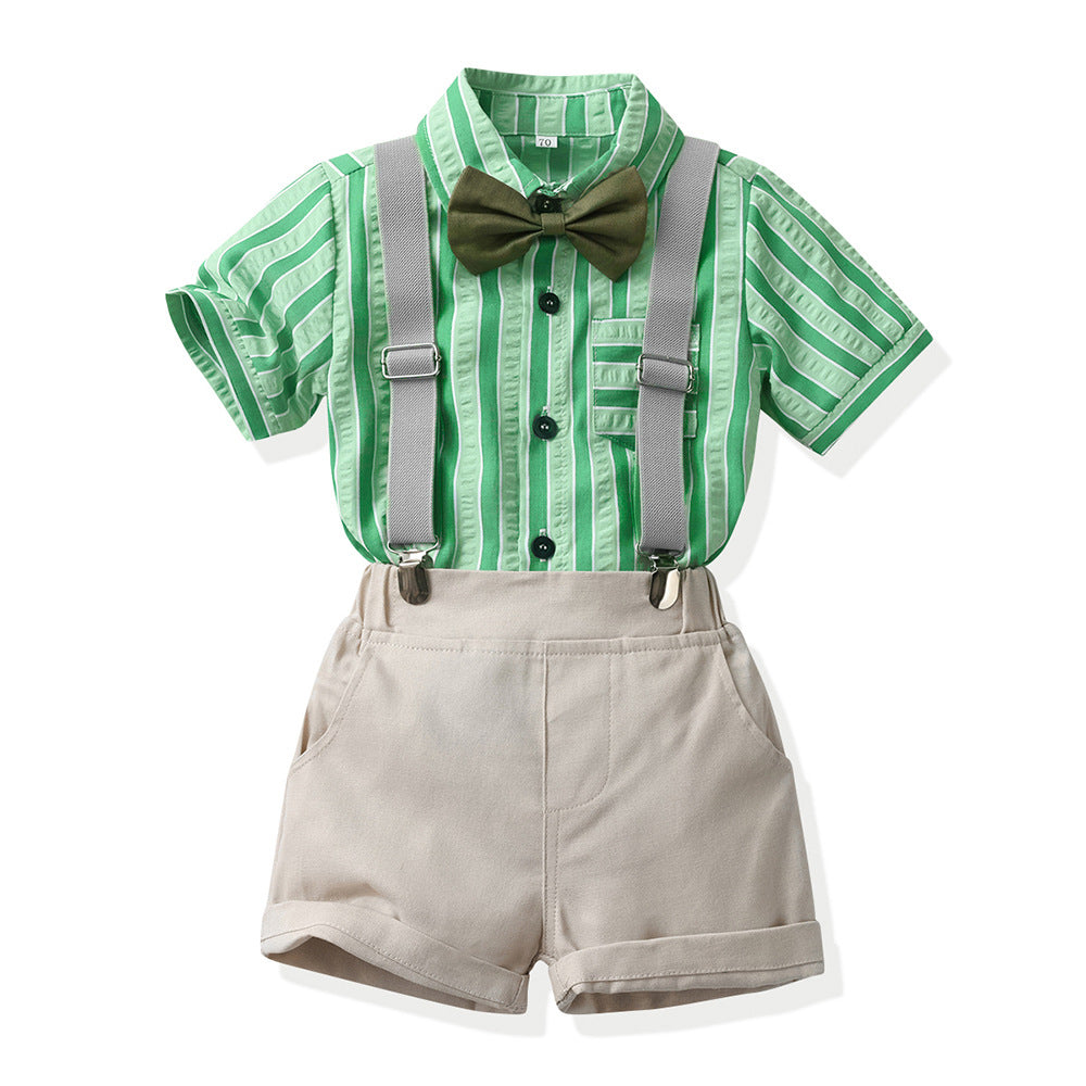 First birthday outfit for baby boys: british gentleman style short-sleeve set - boys' striped shirt and pants set