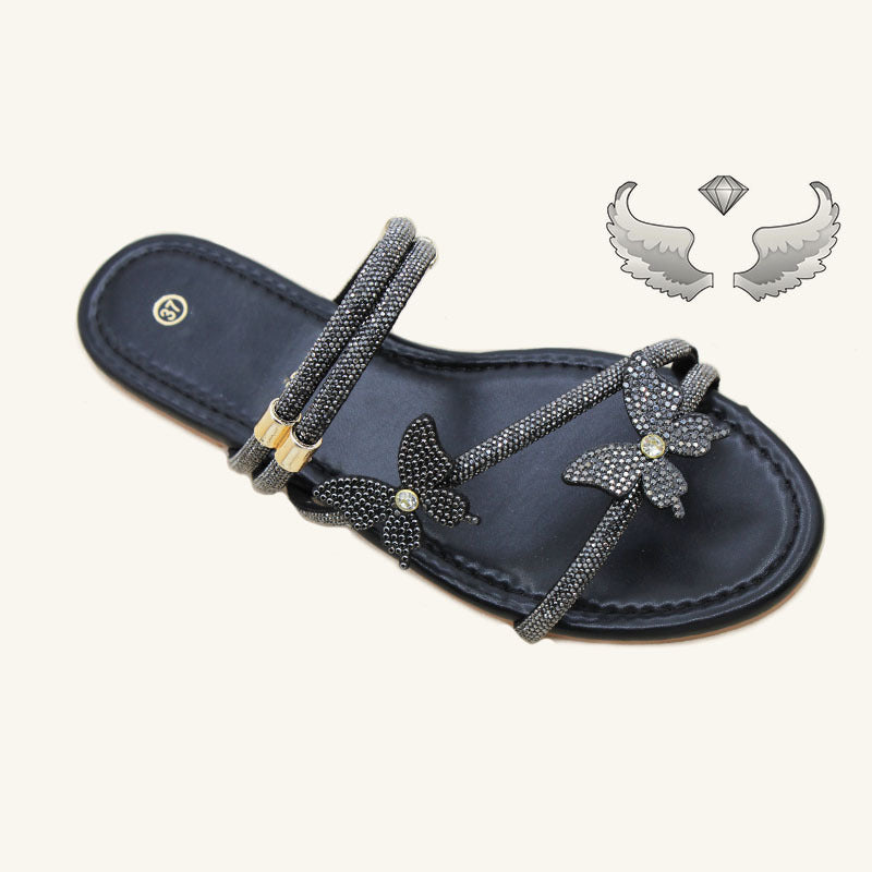 Cape Verde direct sales  fashion slippers women's flat bottom light luxury rhinestone slippers outer wear Ladies slippers