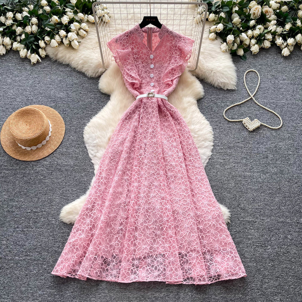 Korean style lace hollow-out sleeveless a-line dress - women's summer high-waisted slimming commute elegant long dress