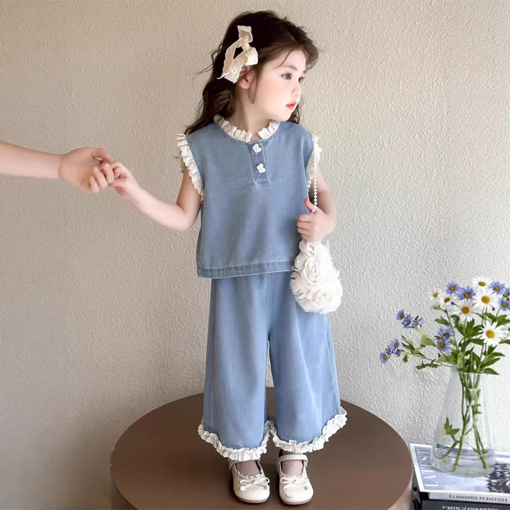 Girls' summer denim outfit:  new style kids' tank top and wide-leg pants fashionable two-piece set, baby summer clothes